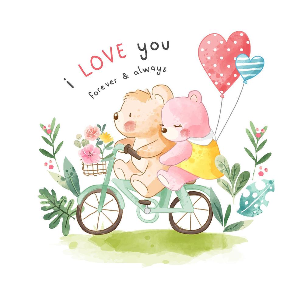 mignon dessin animé ours amoureux des ours à vélo dans le jardin vecteur