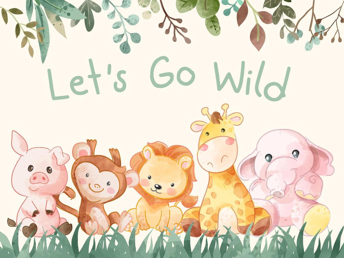 Let's go wild slogan avec illustration de dessin animé d'animaux sauvages vecteur