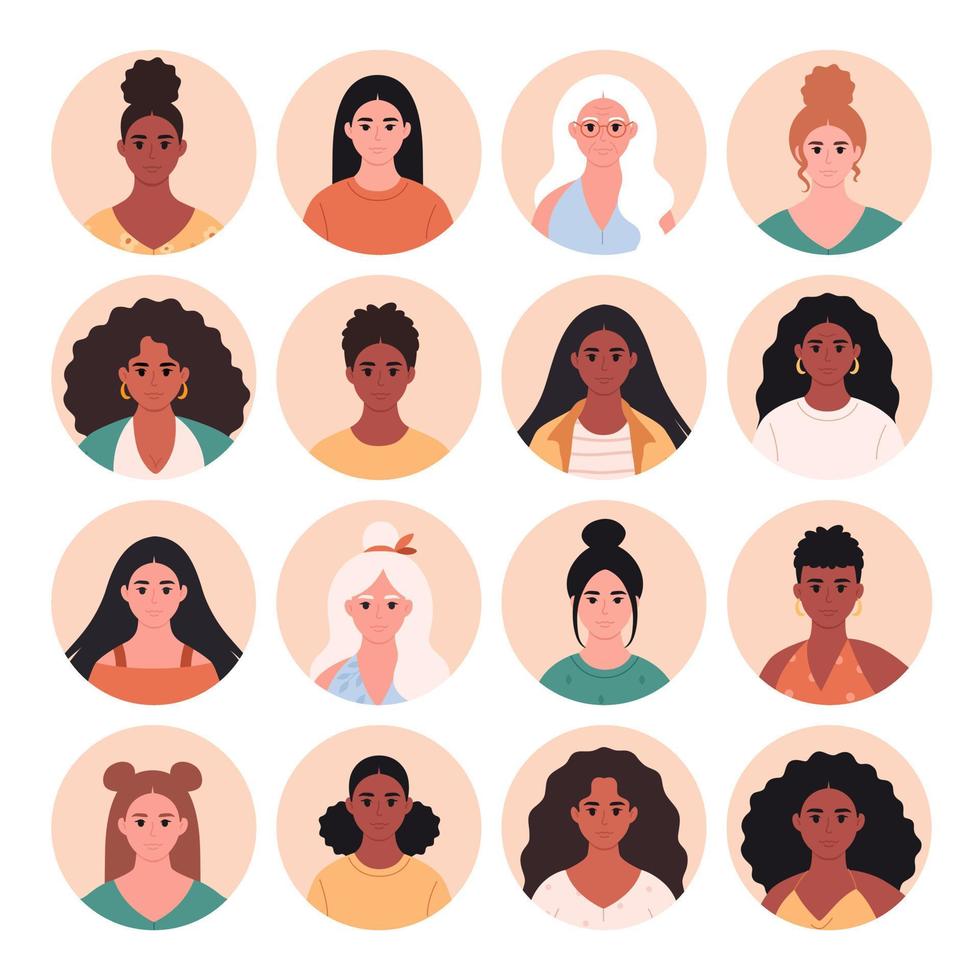 ensemble d'avatars féminins. femmes d'âge, de race, d'apparence différents. société multi-culturelle. diversité sociale des personnes dans la société moderne vecteur