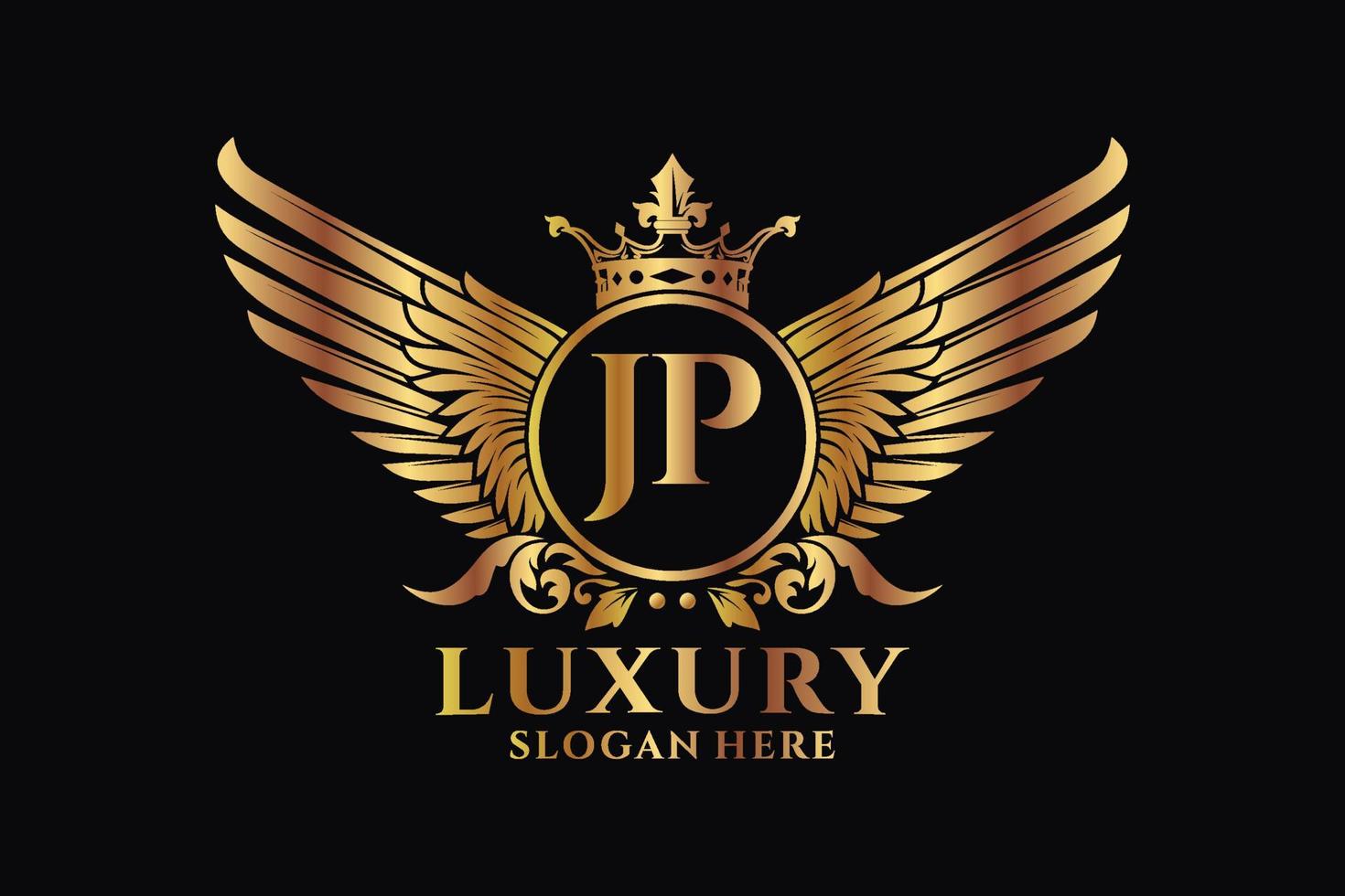 lettre d'aile royale de luxe jp crête logo couleur or vecteur, logo de victoire, logo de crête, logo d'aile, modèle de logo vectoriel. vecteur