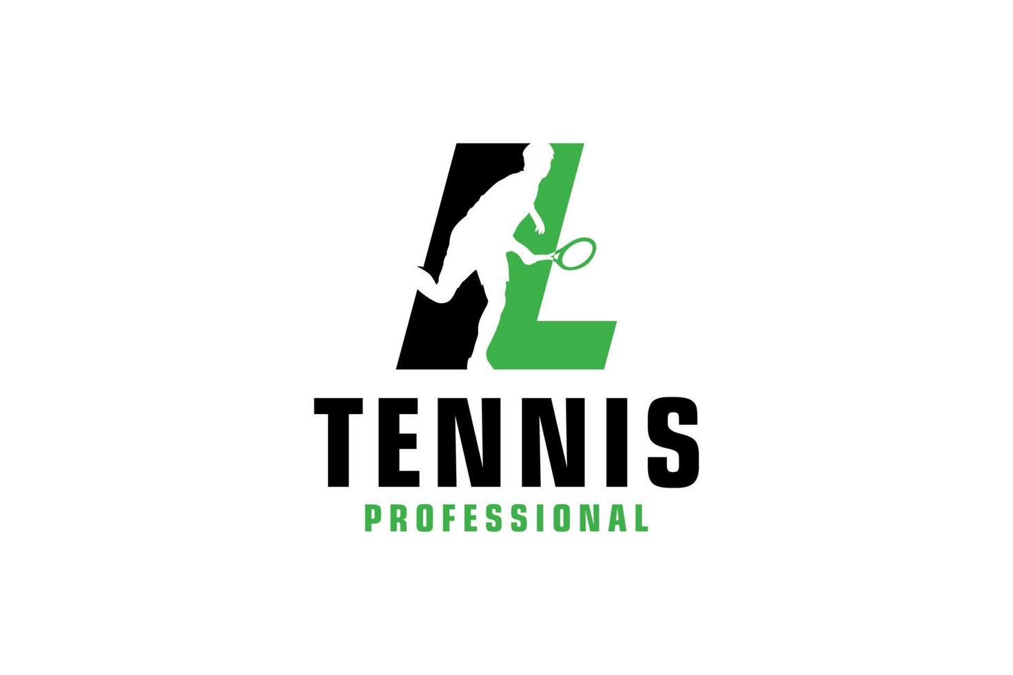 lettre l avec création de logo de silhouette de joueur de tennis. éléments de modèle de conception de vecteur pour l'équipe sportive ou l'identité d'entreprise.