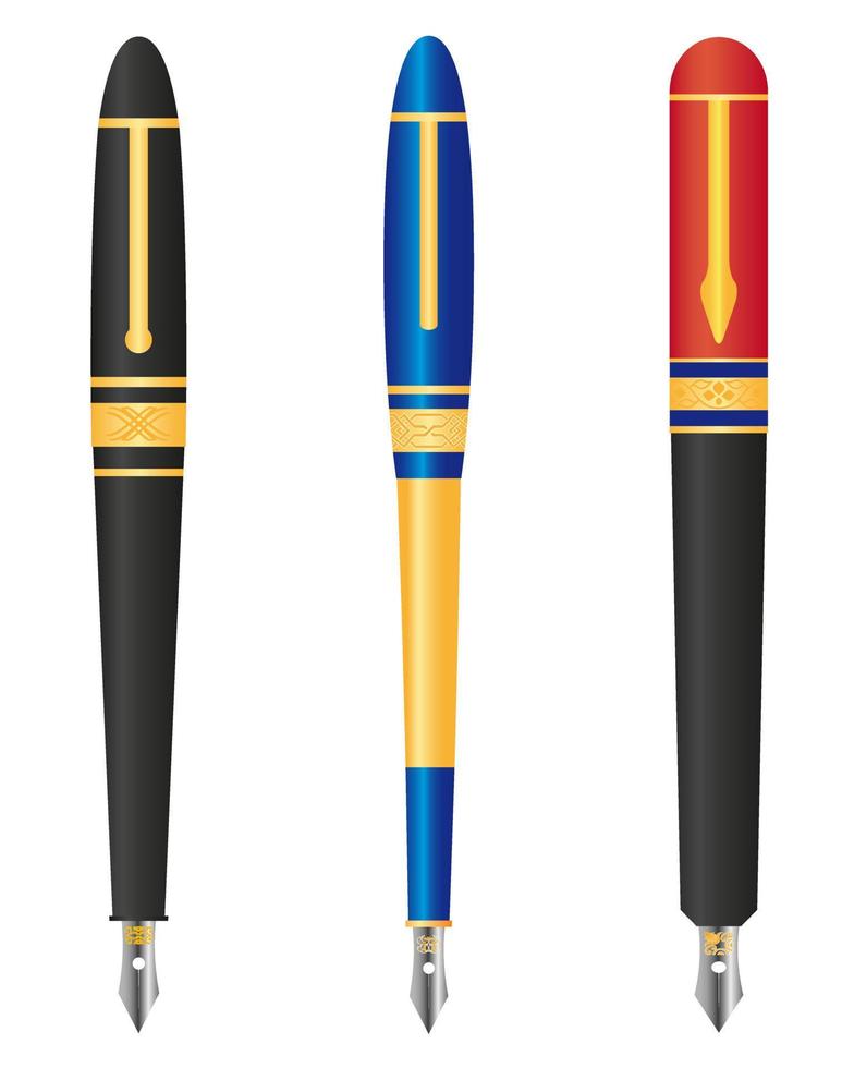 Trois stylos à encre de différentes couleurs sur fond blanc vecteur