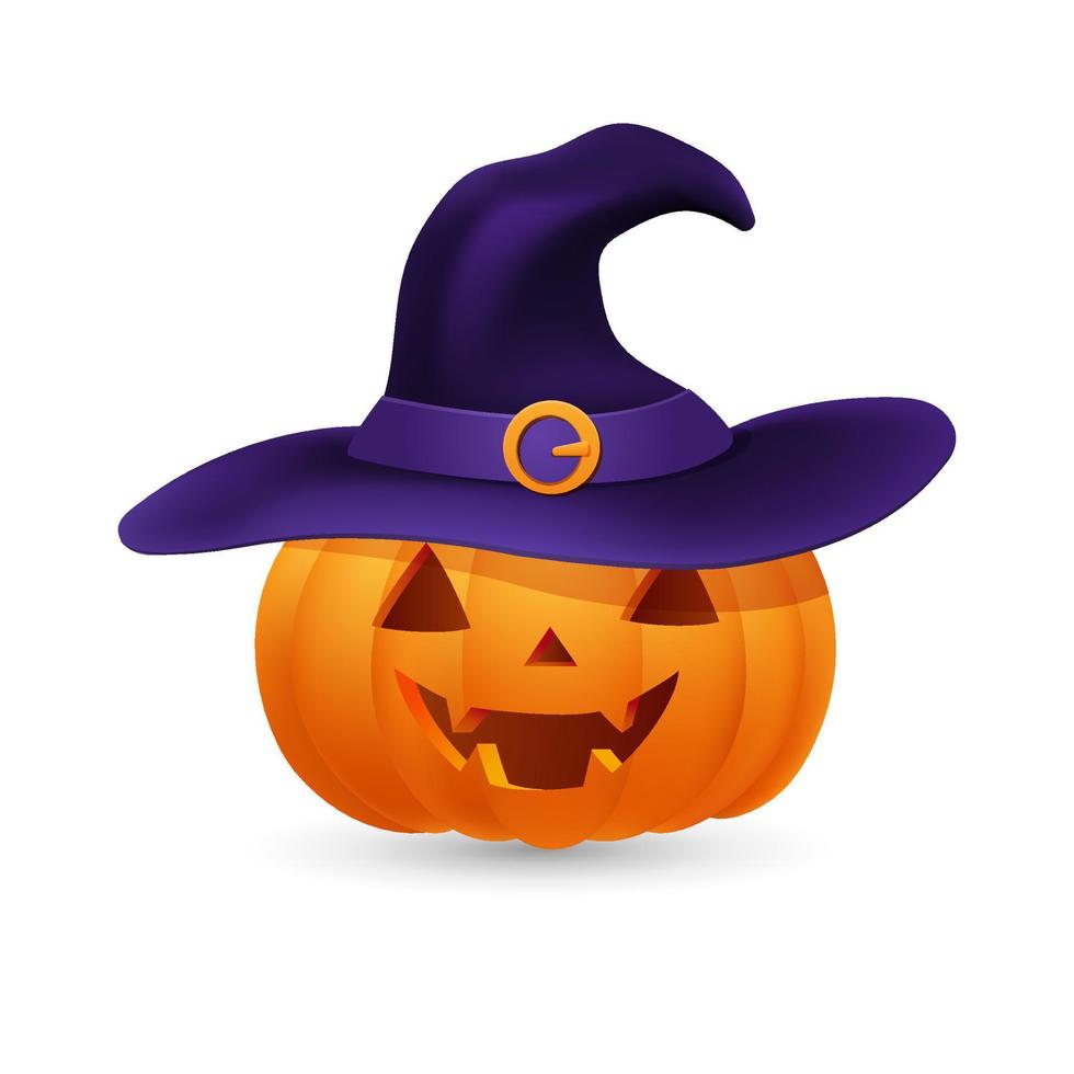 joyeux sourire d'halloween. bannière ou invitation, citrouille orange jack o lantern avec visage souriant sculpté dans un chapeau de sorcière violet. dessin animé drôle personnage automne conception illustration vectorielle. vecteur