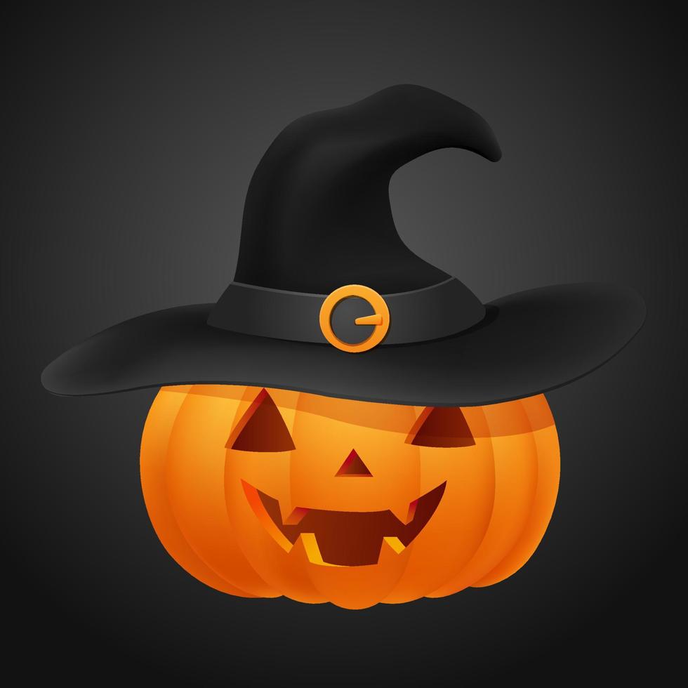 joyeux sourire d'halloween. bannière ou invitation, citrouille orange jack o lantern avec visage souriant sculpté dans un chapeau de sorcière noir. dessin animé drôle personnage automne conception illustration vectorielle. vecteur