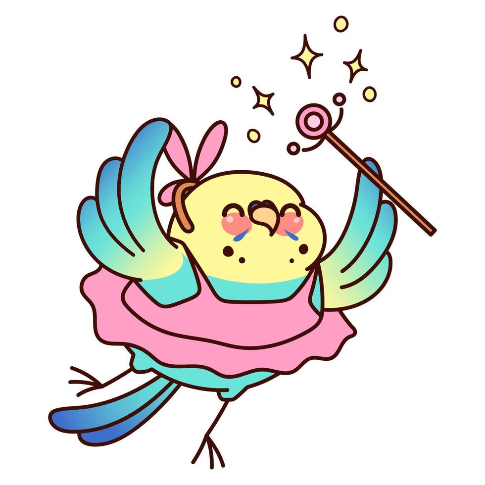 perroquet joyeux sous la forme d'une fée avec une baguette magique. adorable perruche bleue. autocollant de vecteur kawaii isolé sur fond blanc.
