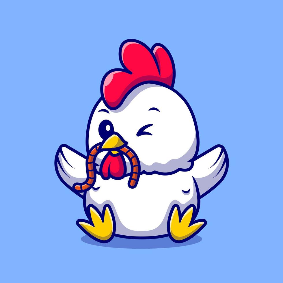 poulet coq mignon mangeant une illustration d'icône de vecteur de dessin animé de ver. concept d'icône de nature animale isolé vecteur premium. style de dessin animé plat