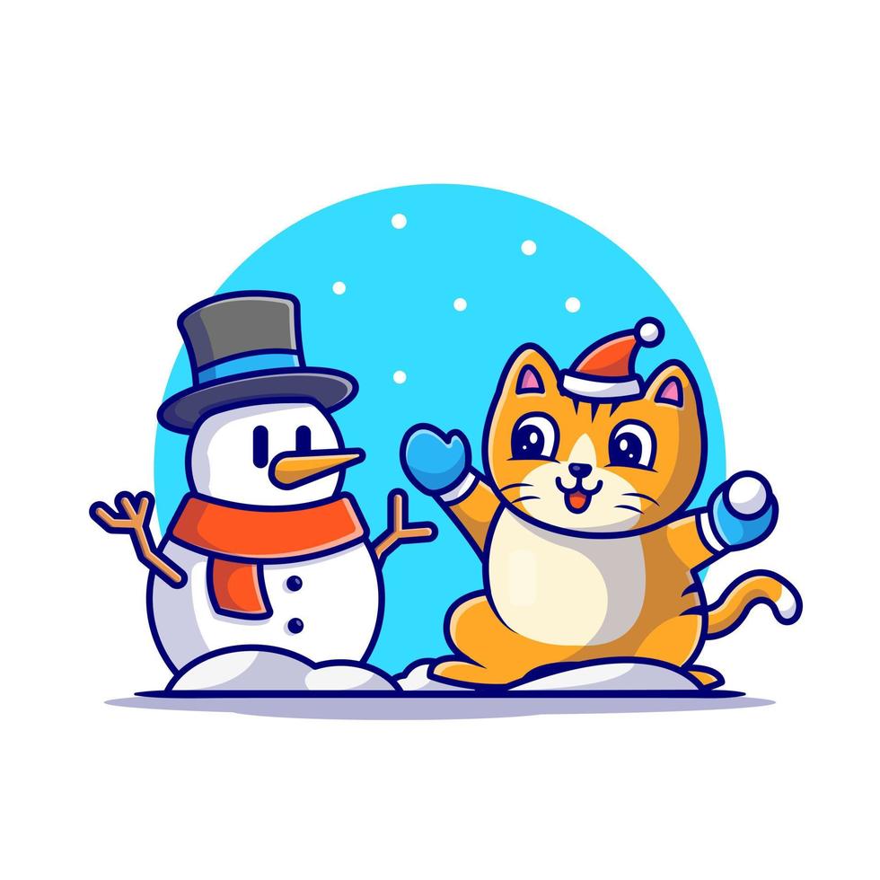 chat mignon avec illustration d'icône de vecteur de dessin animé de bonhomme de neige. concept d'icône de nature animale isolé vecteur premium. style de dessin animé plat