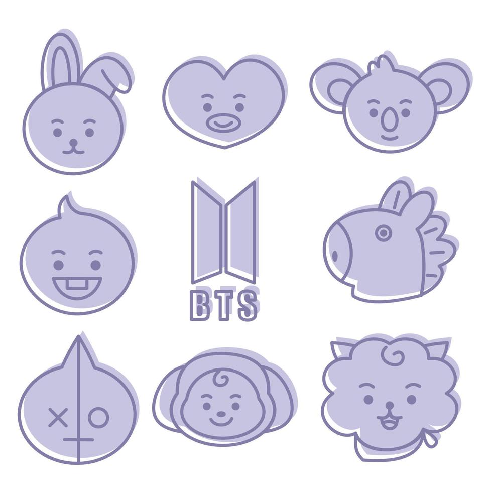 jeu d'icônes caractère bt21. un dessin animé mignon de visage. convient pour les papiers peints pour smartphones, les impressions, les affiches, les dépliants, les cartes de vœux, etc. vecteur