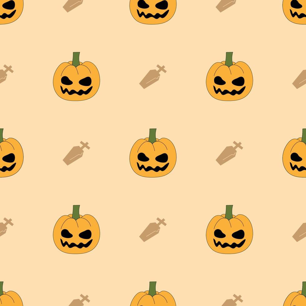 modèle sans couture d'halloween avec citrouille jack o lantern et tombeau sur fond orange. cartes de voeux d'halloween. fond d'écran de la saison des fêtes, papier cadeau, motifs de remplissage, fond de page Web. vecteur