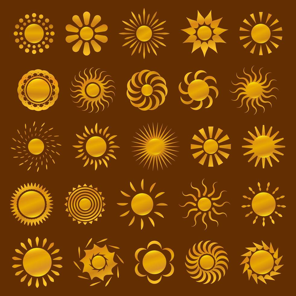jeu d'icônes de soleil dégradé d'or. logo soleil doré. soleil réaliste vecteur