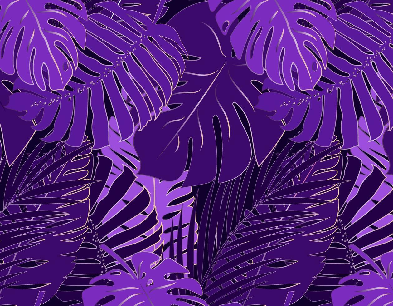 motif violet transparent avec monstera et feuilles de palmier. motif tropical à la mode moderne avec dégradé. illustration vectorielle. vecteur