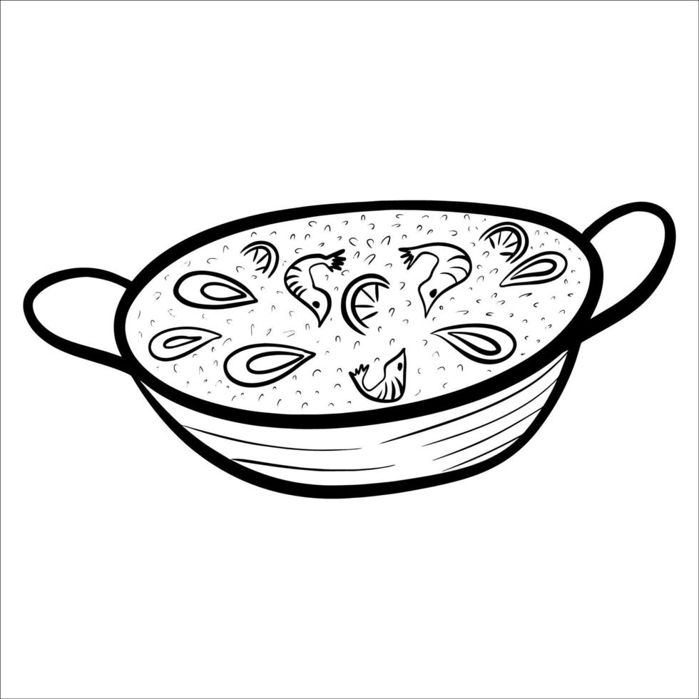 Paëlla. cuisine italienne. nourriture espagnole. assiette. pâtes, risotto, soupe de tomates. nourriture indienne dans une casserole. délicieux, yami, kawaii. conception de menus. plats en cuivre. vecteur eps 10