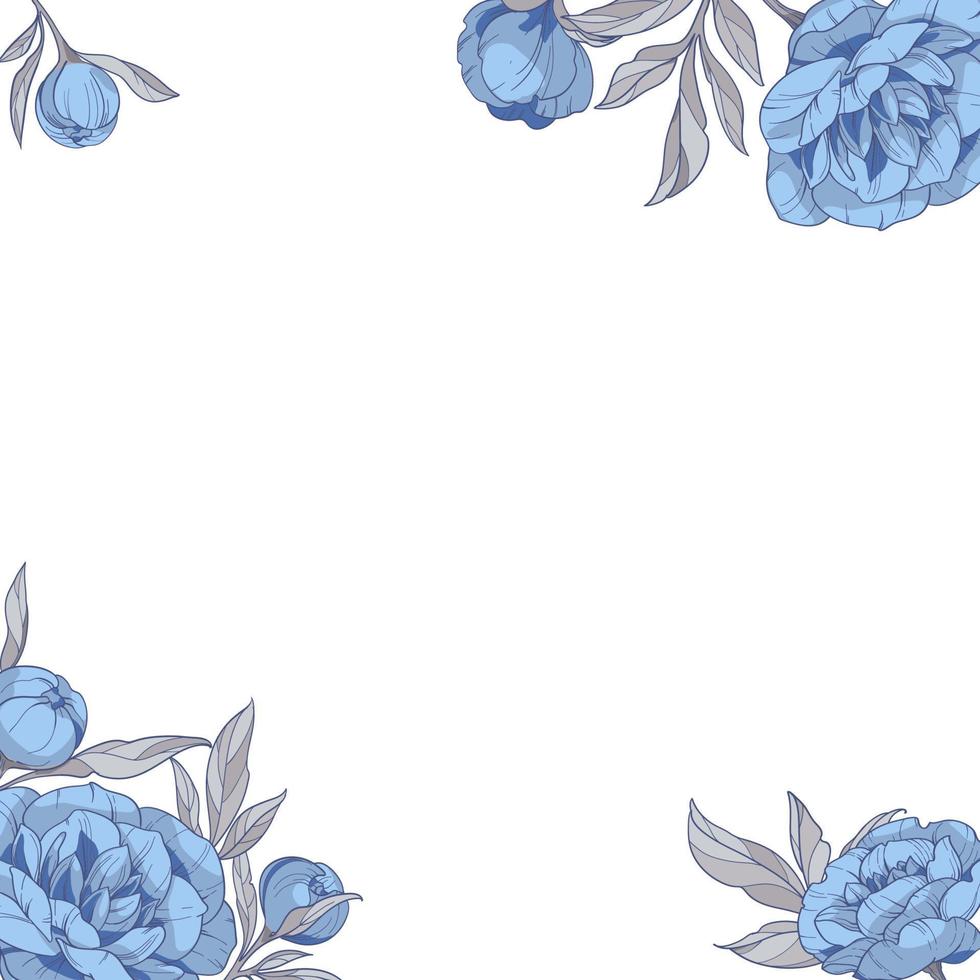 cadre carré avec des fleurs de pivoines bleues, illustration vectorielle dessinés à la main. vecteur