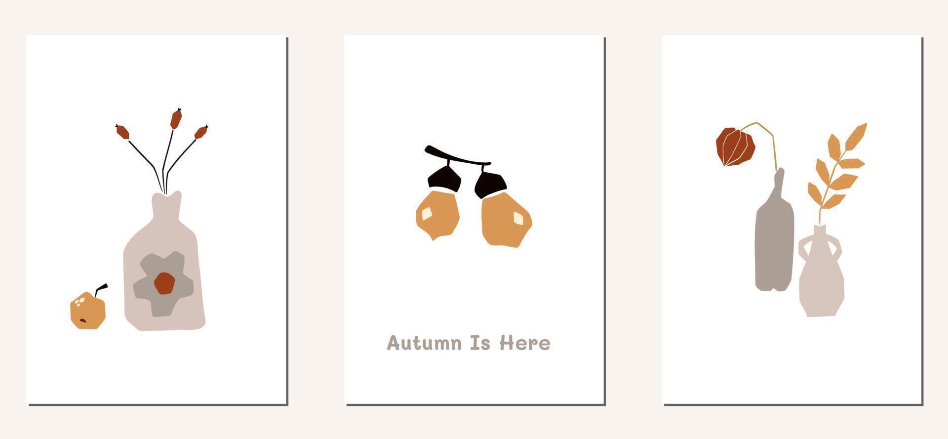 modèle d'affiche de carte de voeux d'humeur d'automne. bienvenue à l'invitation d'action de grâces de la saison d'automne. feuilles de nature carte postale minimaliste, arbres, citrouilles, formes abstraites. illustration vectorielle en style cartoon plat vecteur