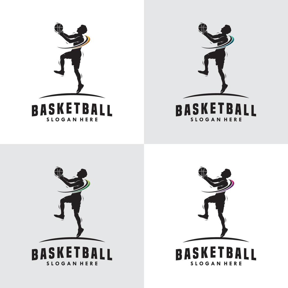 ensemble de création de logo de silhouette de flamme de slam dunk de basket-ball vecteur