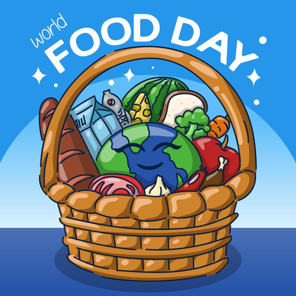 main dessinée de la journée mondiale de l'alimentation. globe et aliments dans le panier vecteur