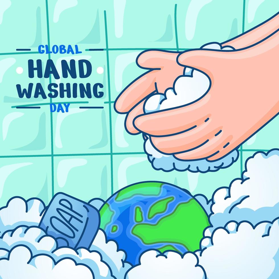 concept de journée mondiale du lavage des mains avec dessin animé globe dessiné à la main 2 vecteur