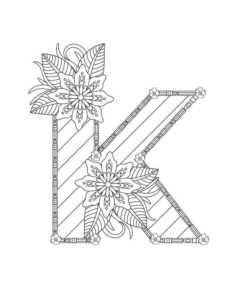 page de coloriage alphabet avec style floral. abc coloriage page - lettre k vecteur gratuit