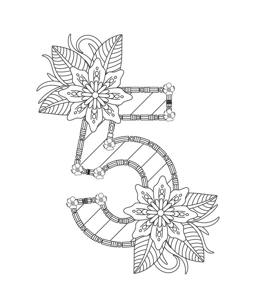 page de coloriage numéro avec style floral. 123 coloriages - numéro 5 vecteur gratuit