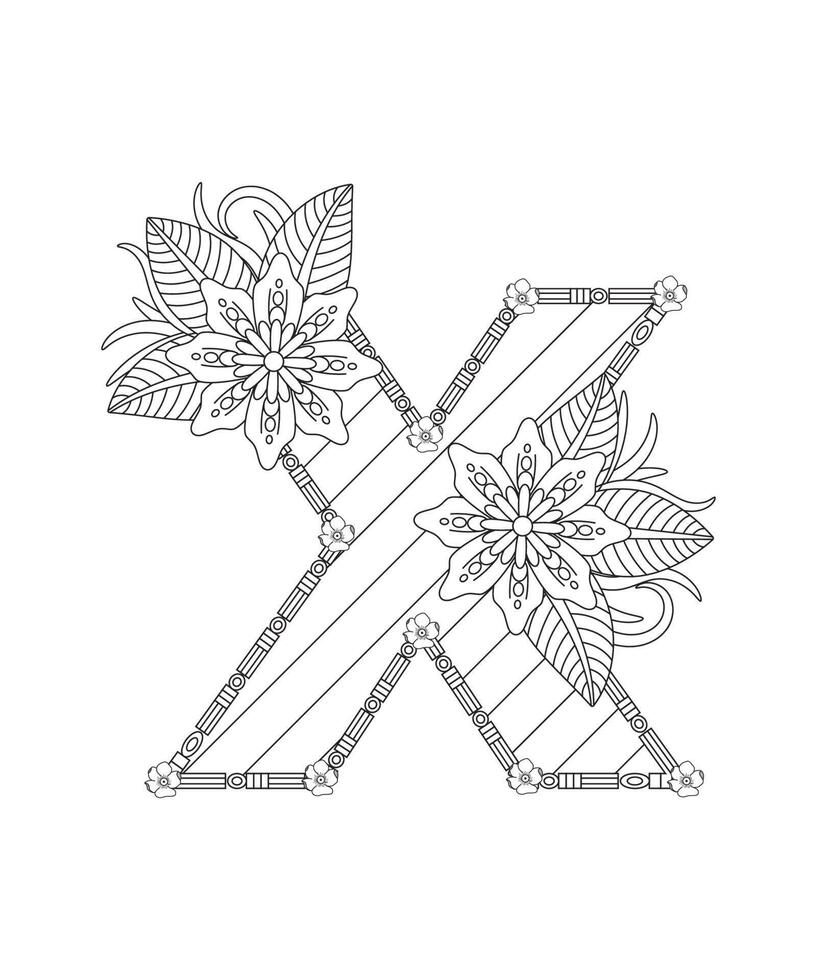 page de coloriage alphabet avec style floral. abc coloriage page - lettre x vecteur gratuit