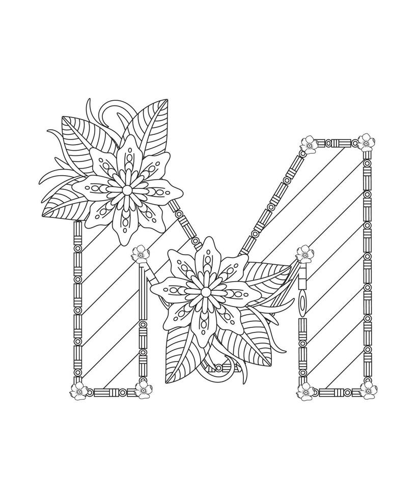 page de coloriage alphabet avec style floral. abc coloriage page - lettre m vecteur gratuit