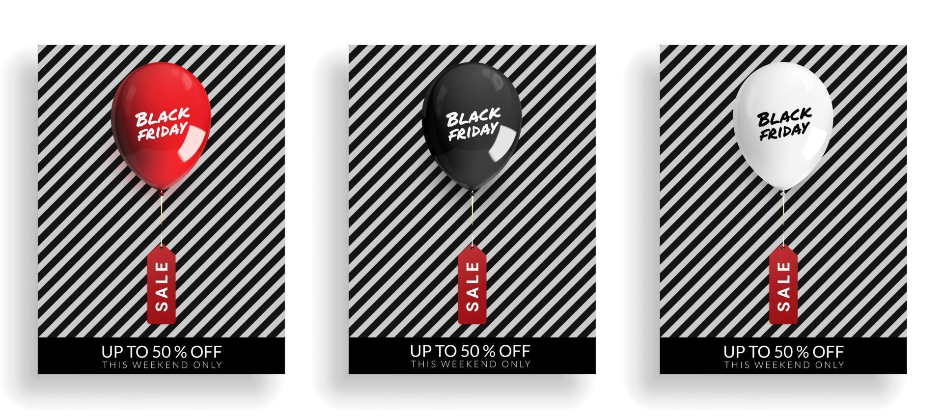 ensemble d'affiches du vendredi noir, étiquette de vente accrochée avec un ballon rouge noir blanc. illustration vectorielle vecteur