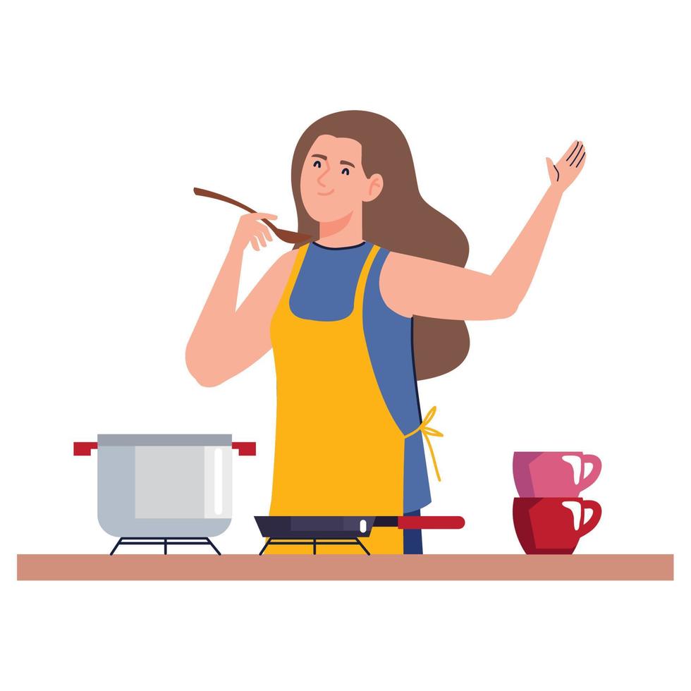 femme cuisinant avec un tablier jaune vecteur