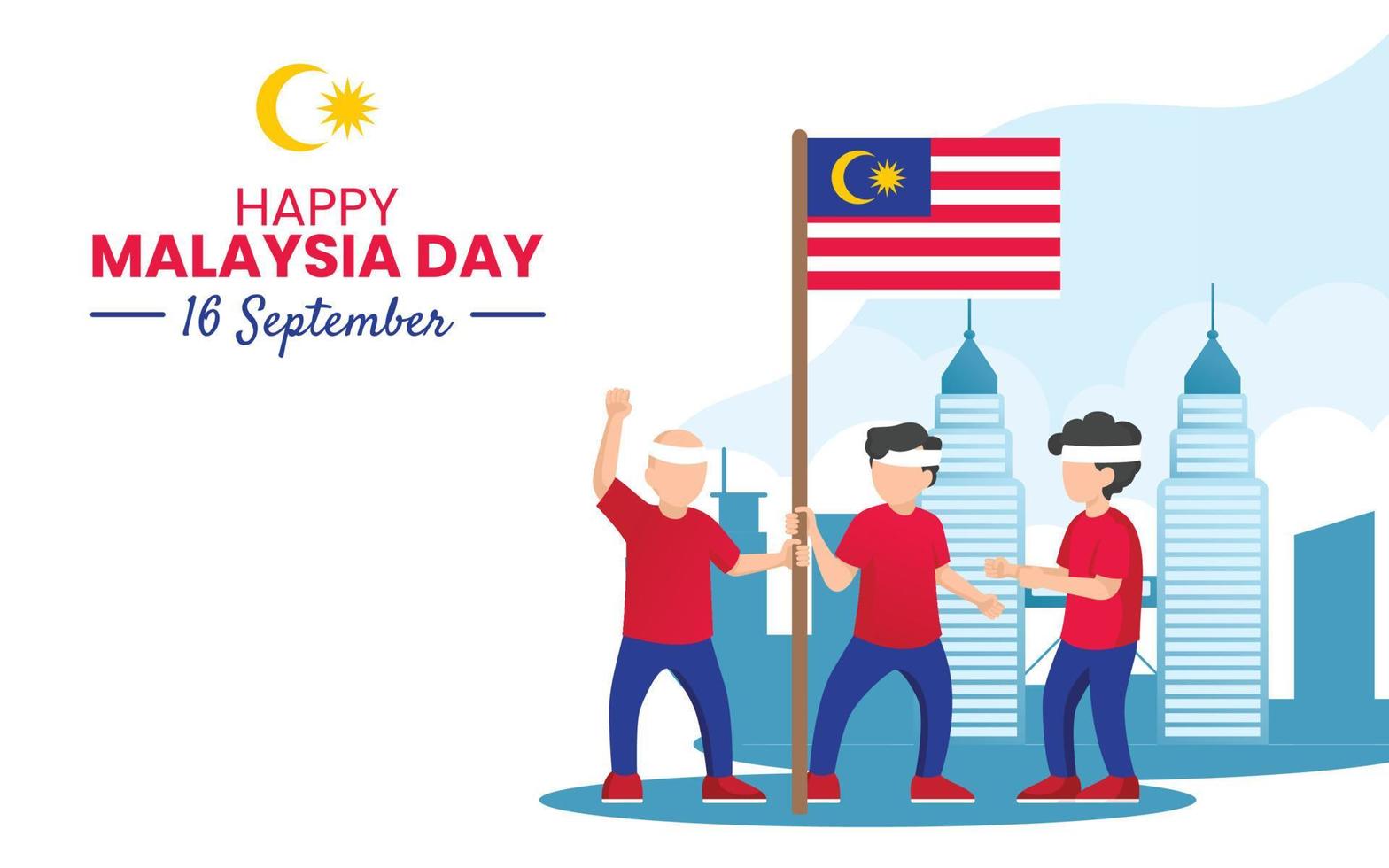bannière ou affiche du jour de la malaisie avec des humains tenant un drapeau. malaisie jour 16 septembre fond carré pour écorcheur, carte publicitaire, publication sur les réseaux sociaux. illustration vectorielle. vecteur