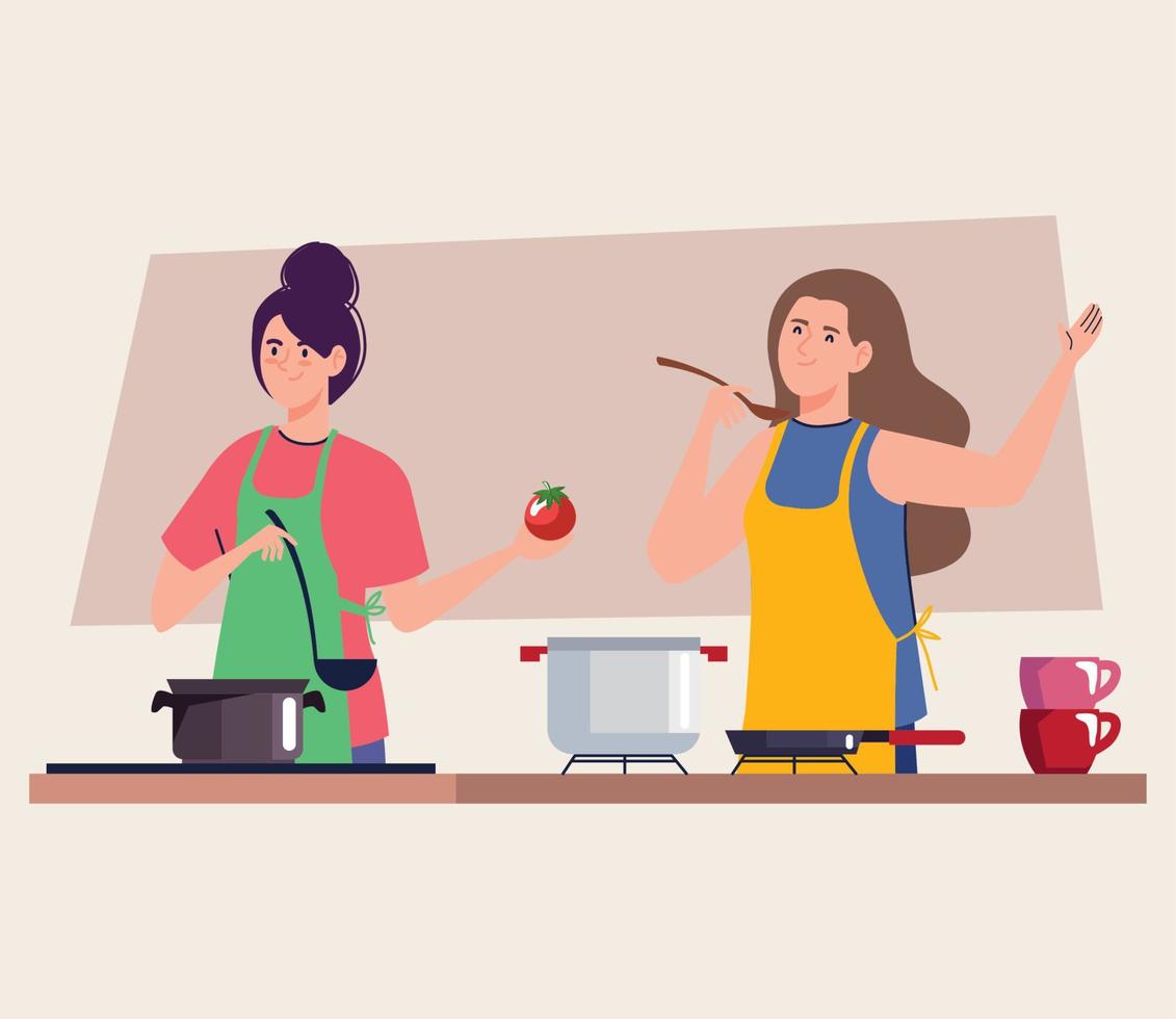 deux filles cuisinent dans la cuisine vecteur