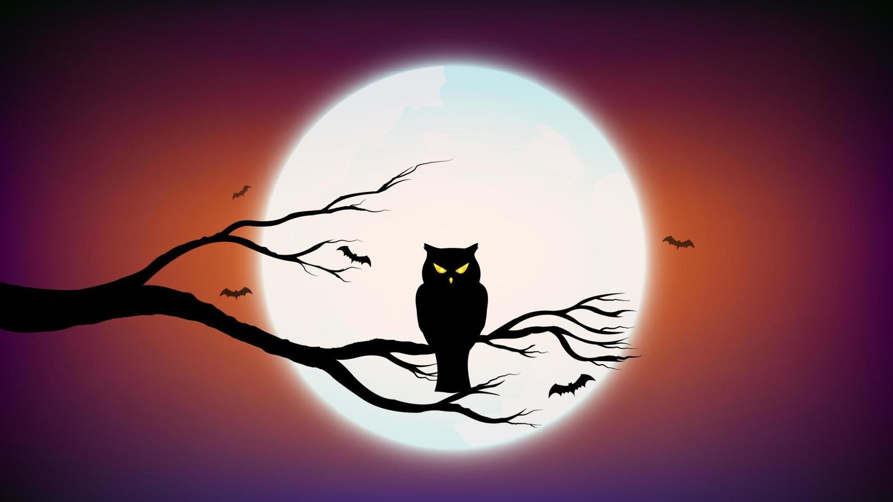 joyeux halloween avec hibou tenant sur une branche d'arbre et fond de couleur violet violet et orange foncé avec la pleine lune vecteur