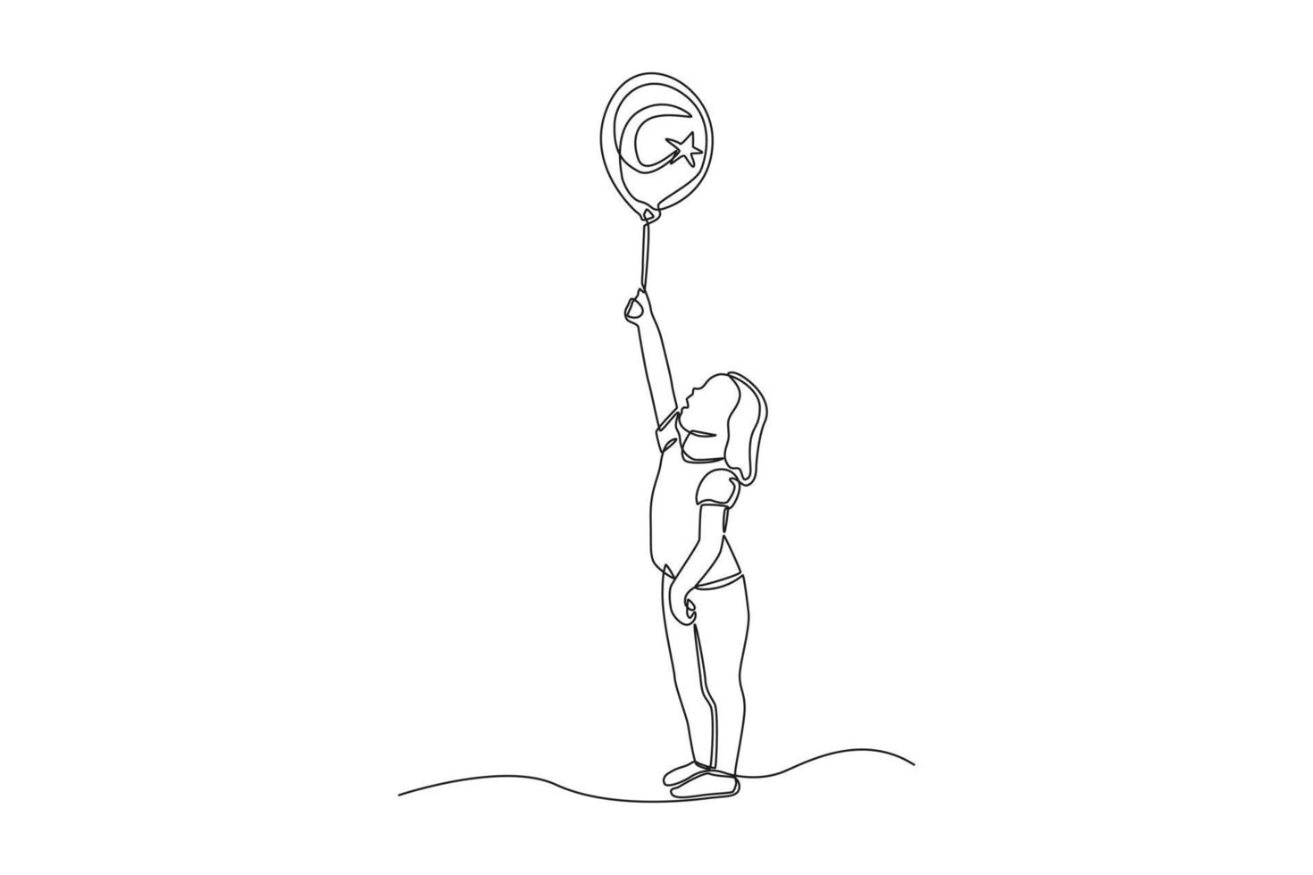 une seule ligne dessinant une jeune fille debout et tenant un ballon drapeau turc. concept de jour de la république de dinde. illustration vectorielle graphique de conception de dessin en ligne continue. vecteur