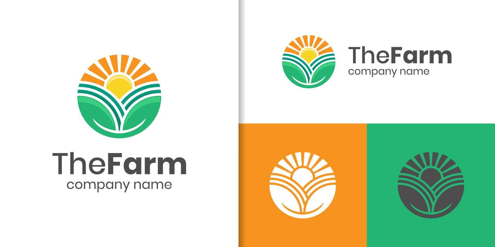 agriculture agriculteur jardin nature avec modèle vectoriel de conception de logo soleil et feuille