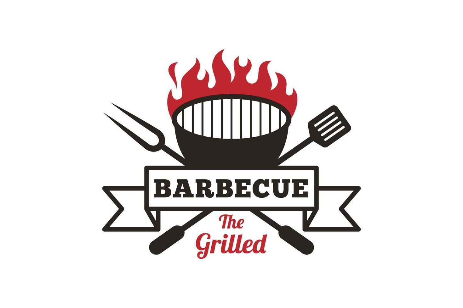 logo grillé de barbecue rustique rétro vintage, barbecue de fête de plats chauds, création de logo de timbre d'insigne de barbecue, grill et bar avec feu vecteur