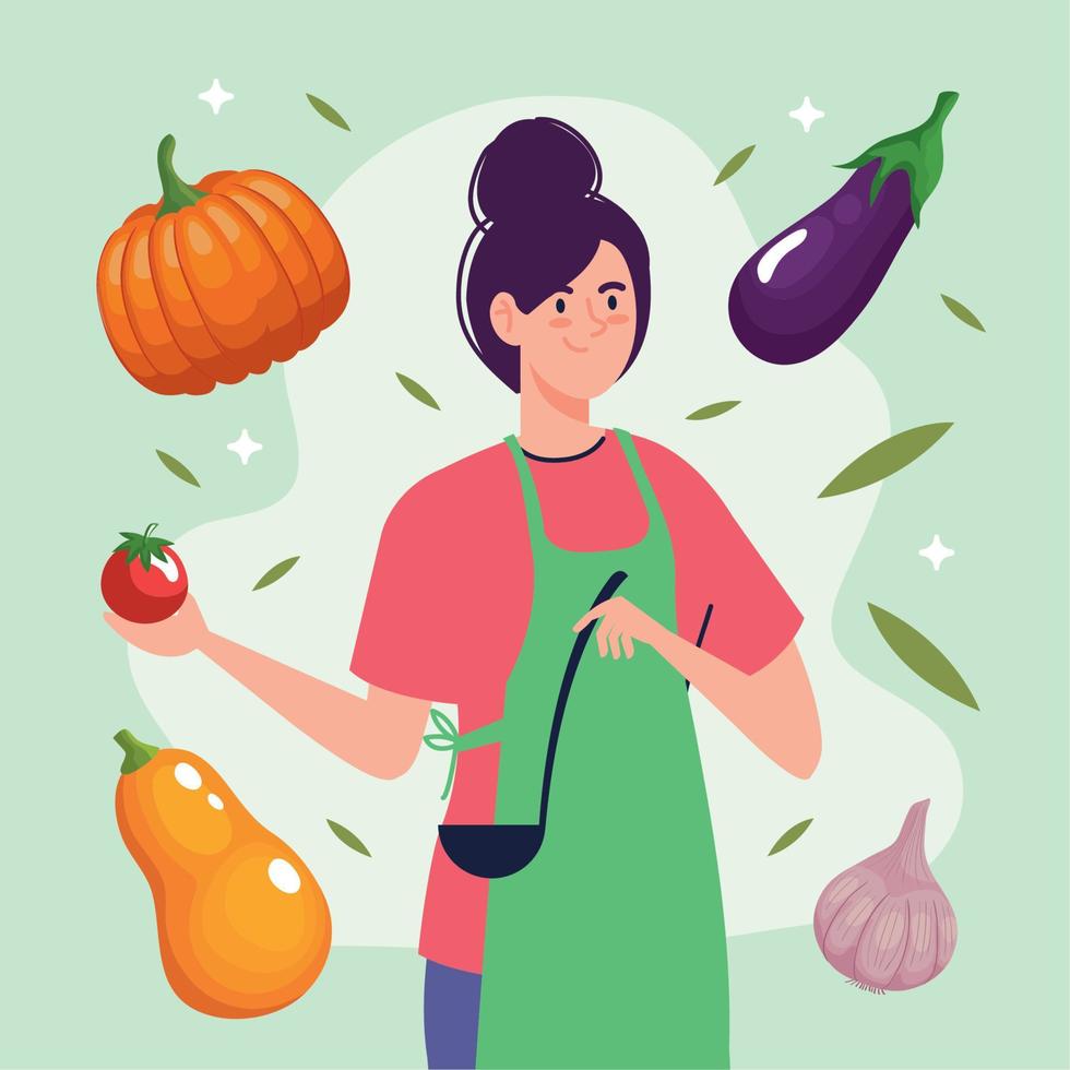 femme cuisinant des légumes frais vecteur