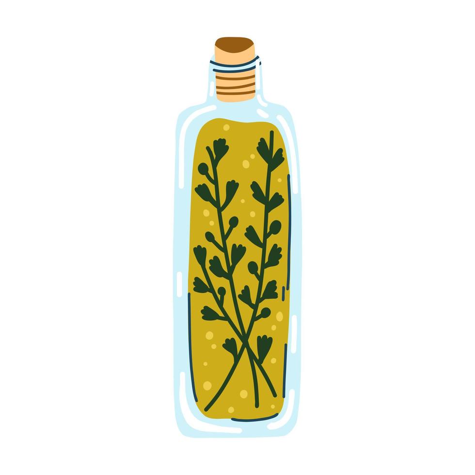 illustration vectorielle de bocal en verre avec de l'huile d'olive et des herbes dans un style plat de dessin animé. cuisine méditerranéenne, alimentation saine, bouteille d'huile, ingrédients pour la cuisine. vecteur