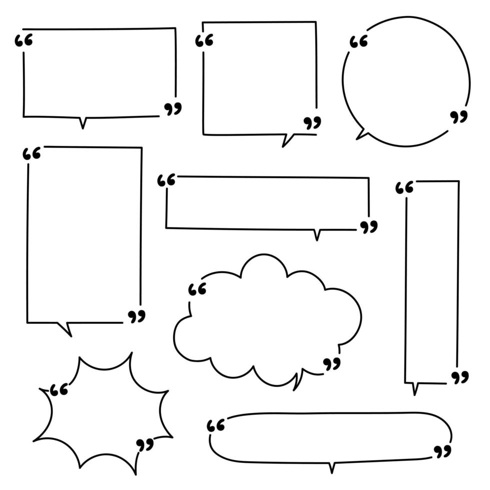 ensemble de collection de bordure de cadre de ligne de dessin à la main, ballon à bulles avec guillemets, penser, parler, parler, zone de texte, bannière, plat, conception, illustration vectorielle vecteur