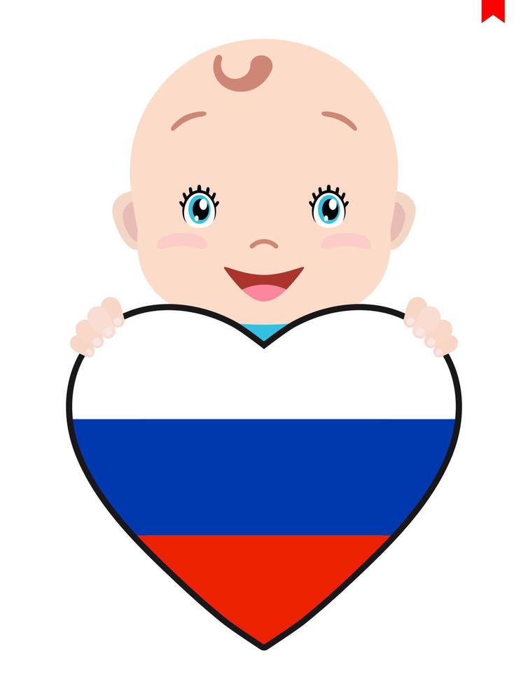 visage souriant d'un enfant, d'un bébé et d'un drapeau russe en forme de cœur. symbole du patriotisme, de l'indépendance, du voyage, de l'emblème de l'amour. vecteur