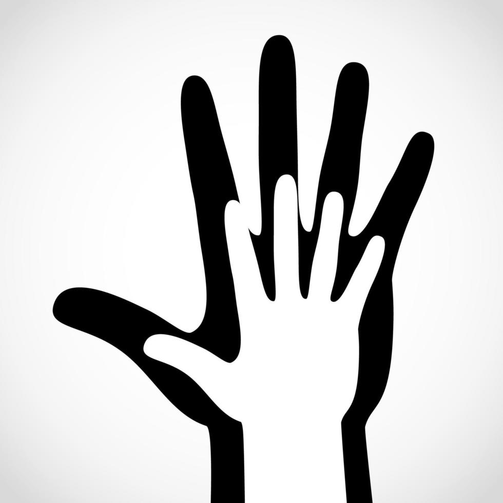 concept de vecteur de grande main de couleur noire et de petite main blanche. aide symbole mains vecteur support emblème. illustration d'icône de mains de vecteur. éducation, soins de santé, médical, élément de conception.
