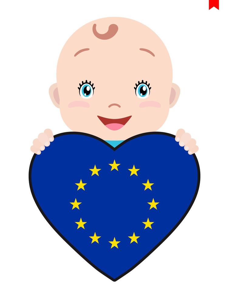 visage souriant d'un enfant, d'un bébé et d'un drapeau de l'union européenne en forme de coeur. symbole du patriotisme, de l'indépendance, du voyage, de l'emblème de l'amour. vecteur