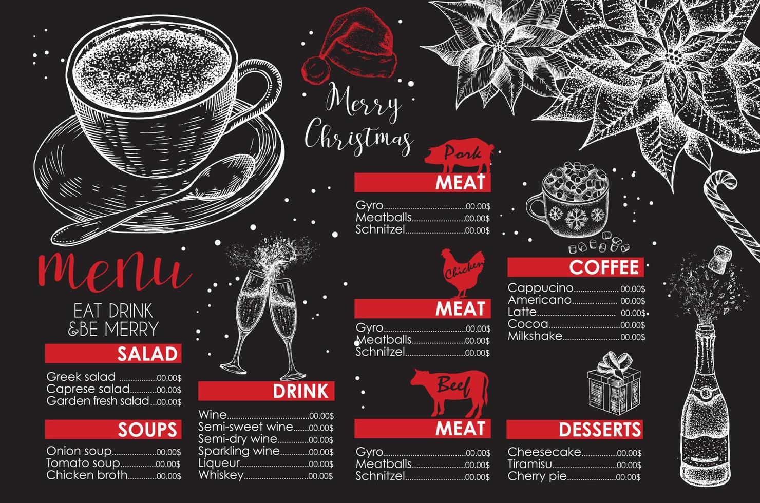 menus de noël. illustration vectorielle dessinée à la main. modèle de conception. vecteur