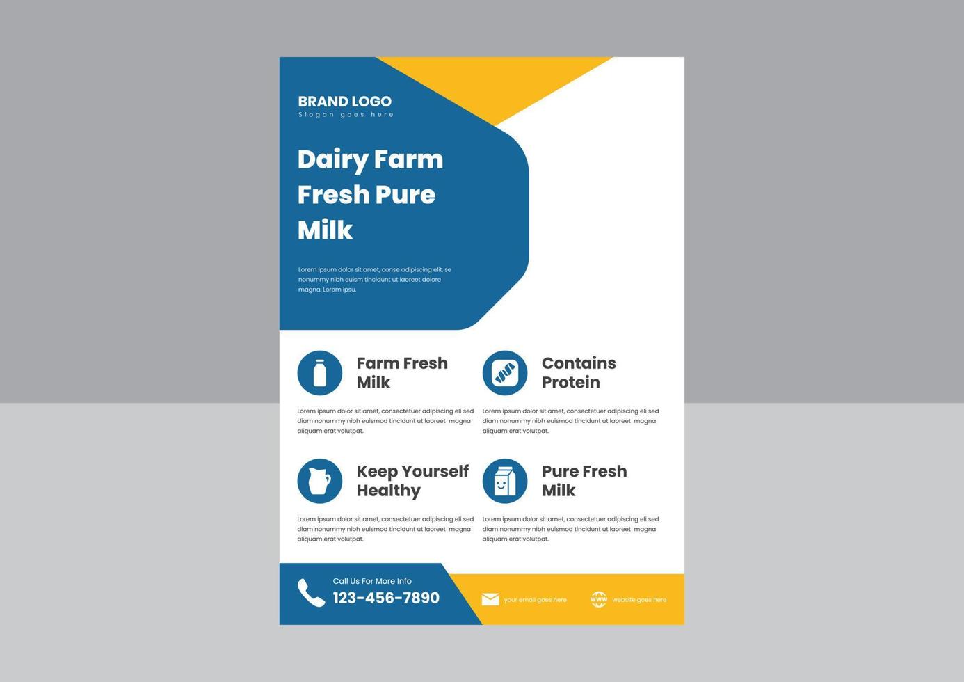 modèle de conception de dépliant d'affiche de dépliant de livraison de lait frais de la ferme pure. conception d'affiche de flyer de lait frais de ferme laitière. vecteur