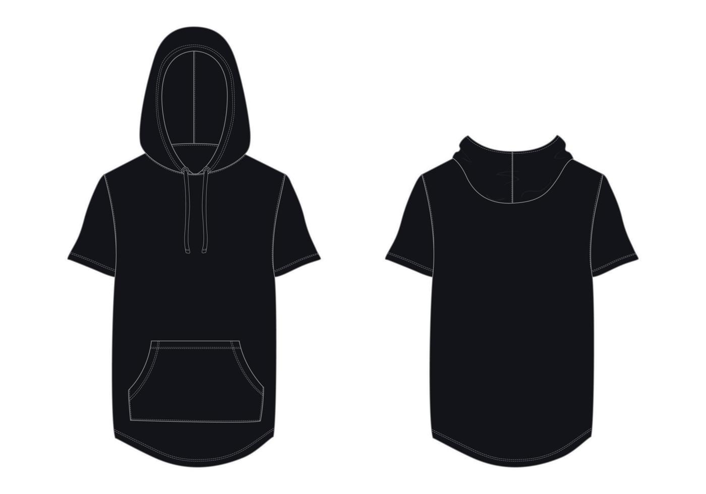 sweat à capuche mode technique croquis plat illustration vectorielle modèle de couleur noire vues avant et arrière. vecteur