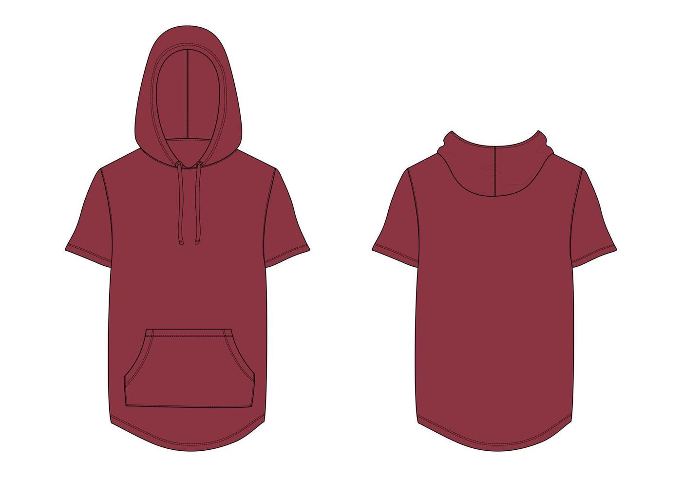 sweat à capuche mode technique croquis plat illustration vectorielle modèle de couleur rouge vues avant et arrière. vecteur