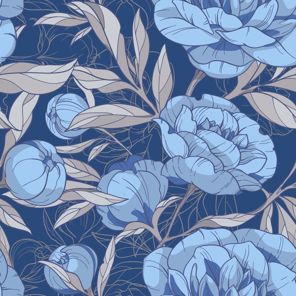 pivoines bleues et grises, motif floral vectorielle continue. fleurs sur fond bleu foncé. style russe d'hiver, gjel vecteur