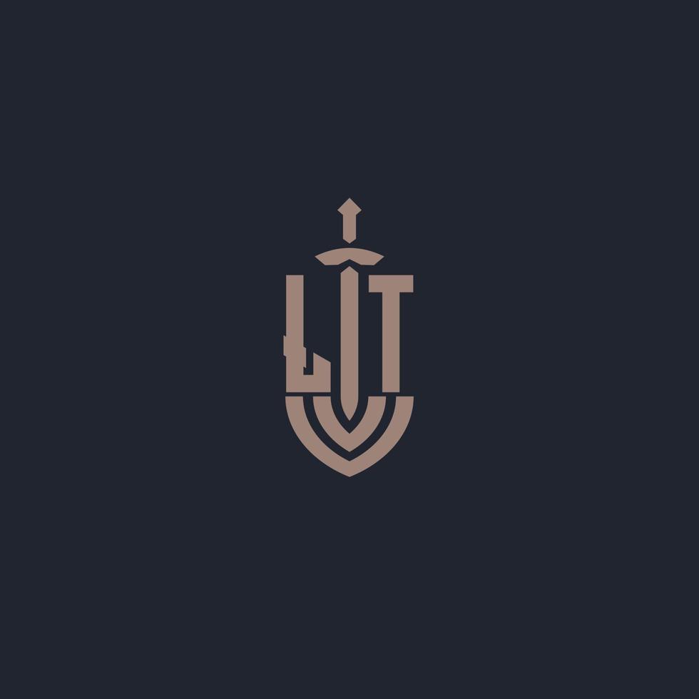 monogramme du logo lt avec modèle de conception de style épée et bouclier vecteur