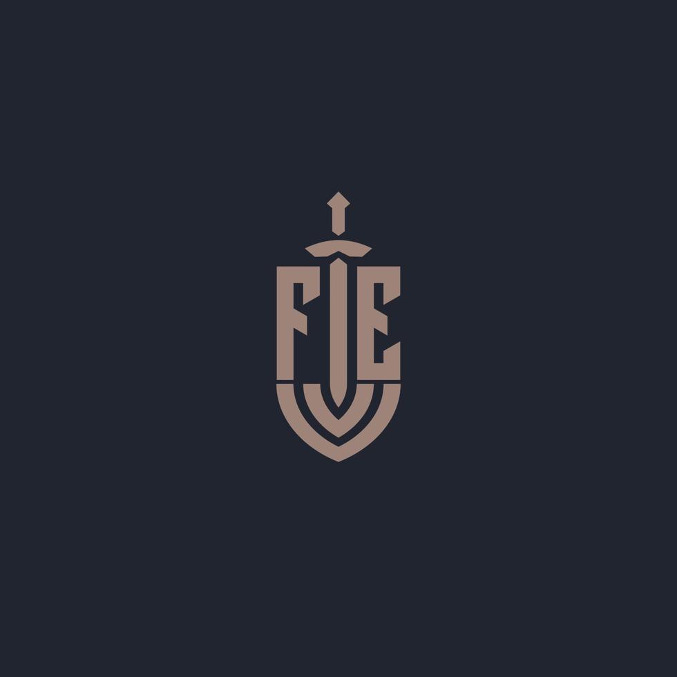 monogramme de logo fe avec modèle de conception de style épée et bouclier vecteur