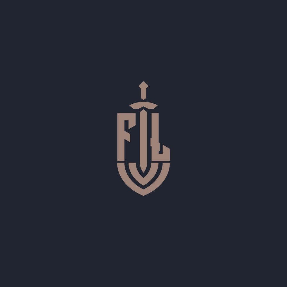 monogramme du logo fl avec modèle de conception de style épée et bouclier vecteur