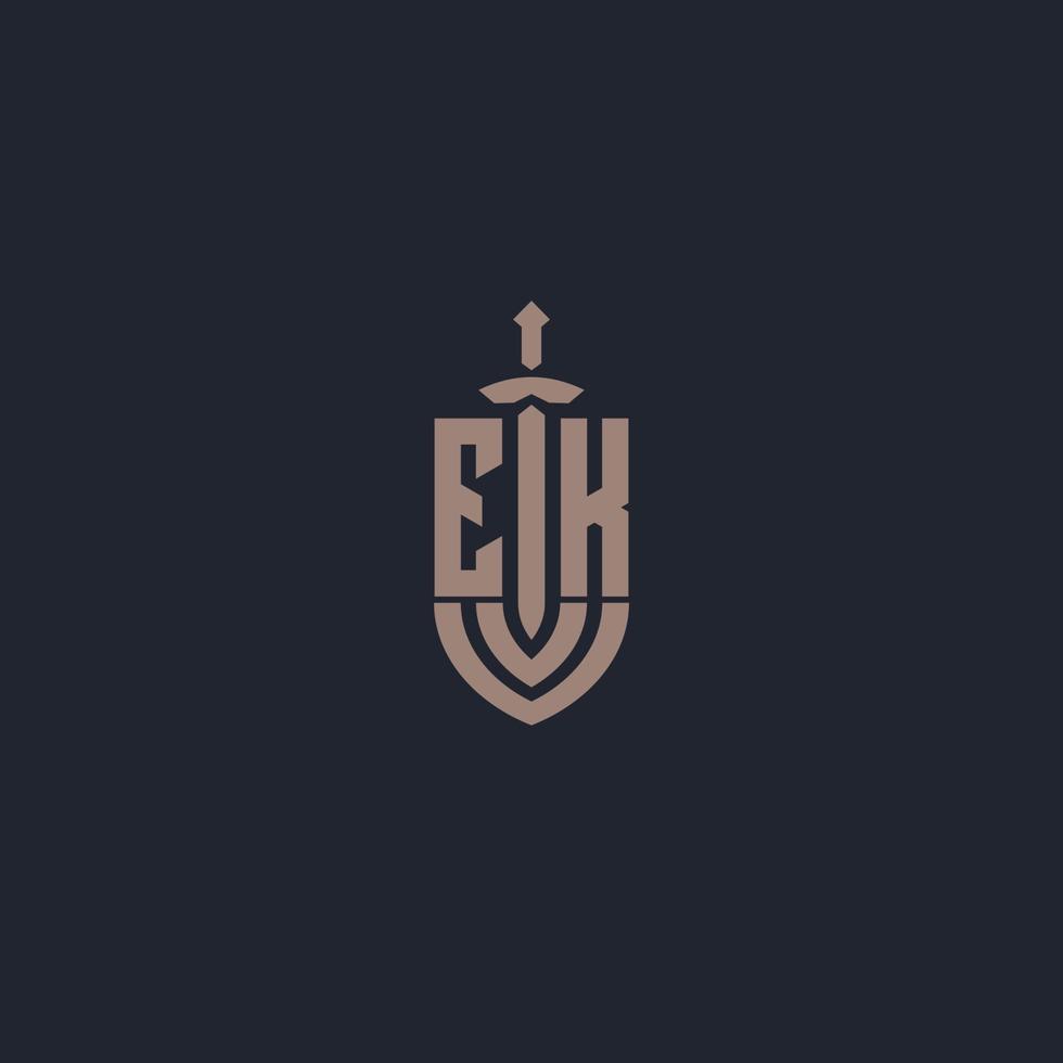 monogramme de logo ek avec modèle de conception de style épée et bouclier vecteur