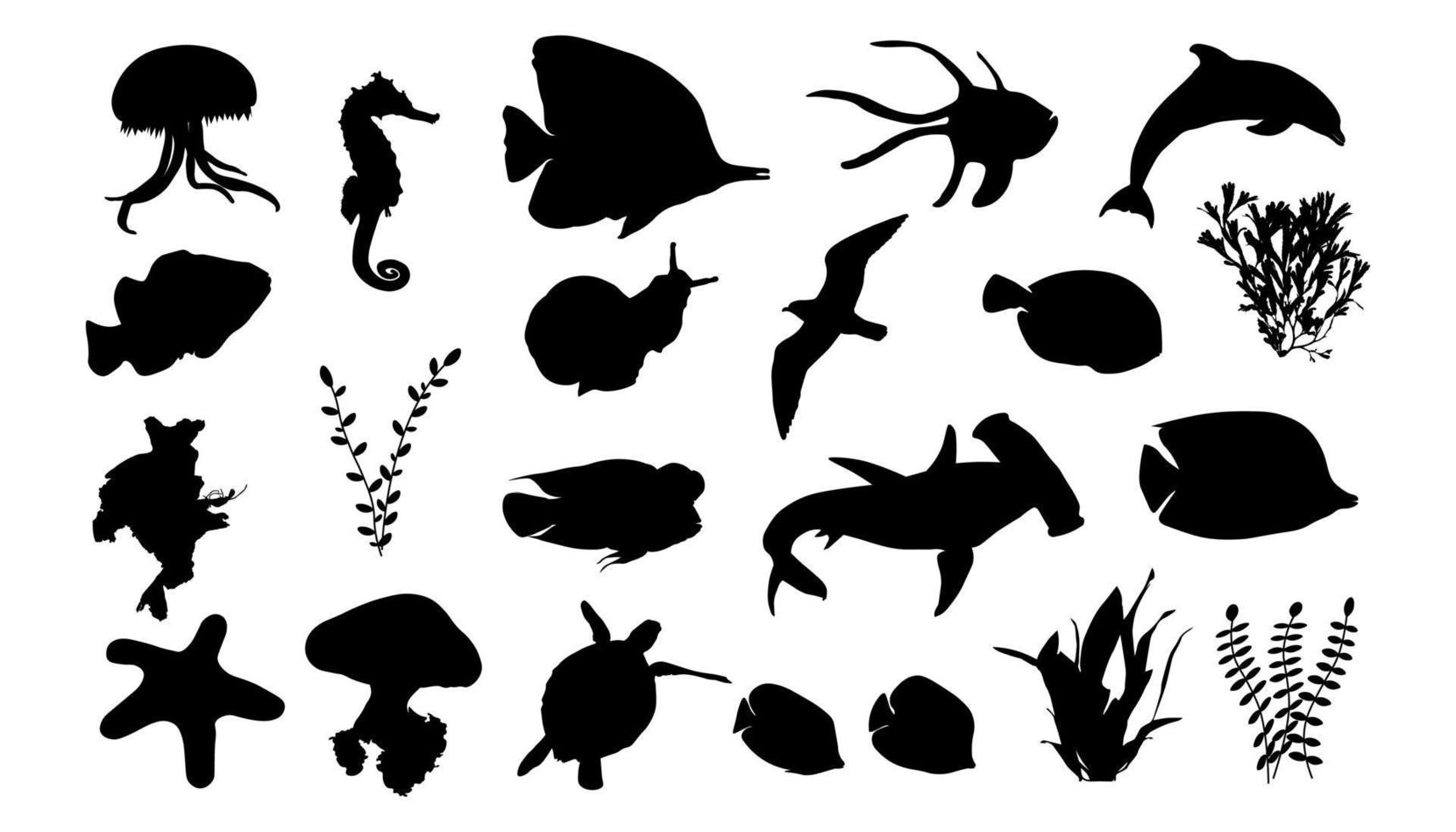 ensemble de 22 silhouettes de poissons isolées sur fond noir vecteur