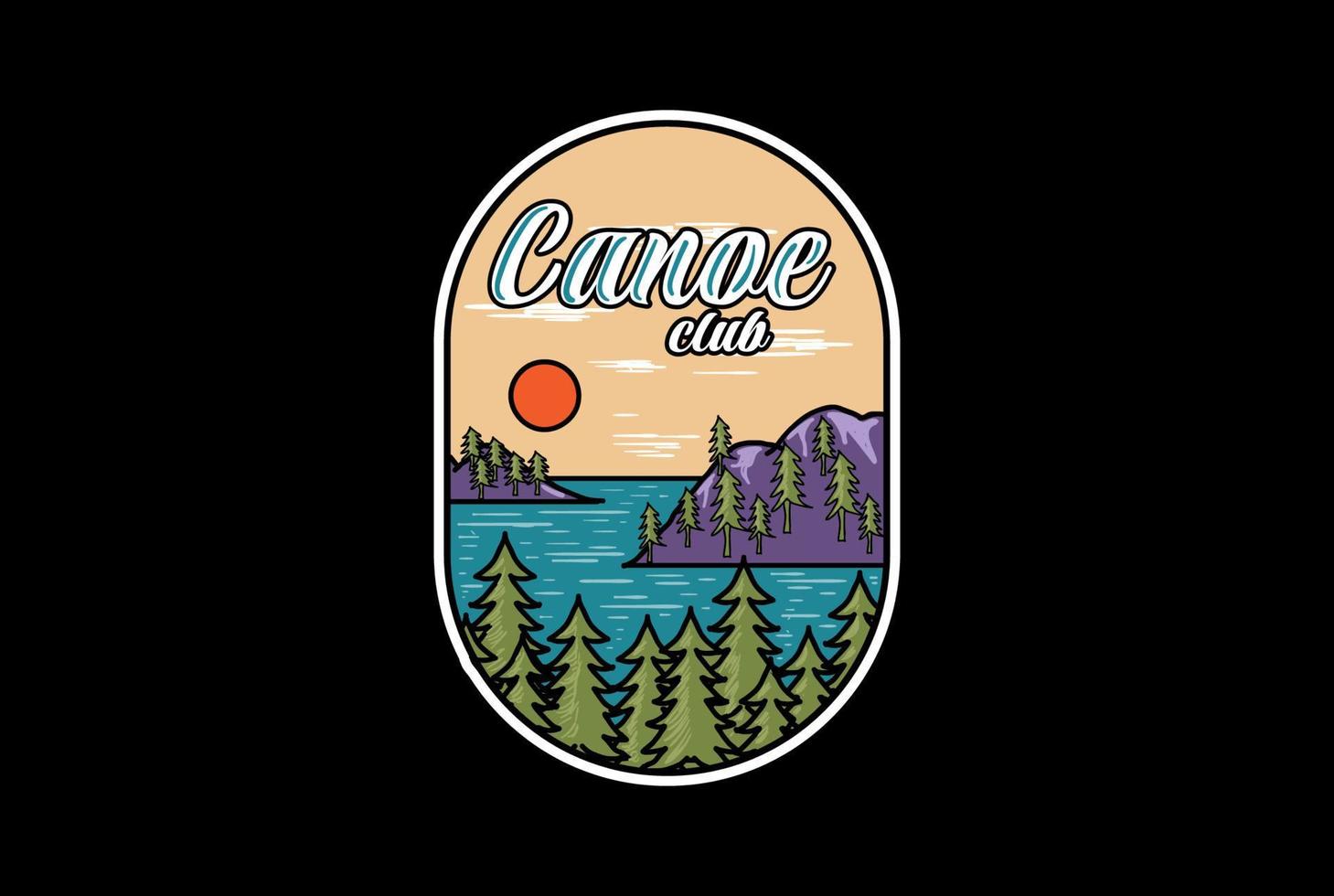 pin rond épinette à feuilles persistantes conifère mélèze cyprès sapin forêt avec lac ruisseau rivière badge emblème pour le rafting en plein air kayak ou canoë t-shirt logo design vecteur